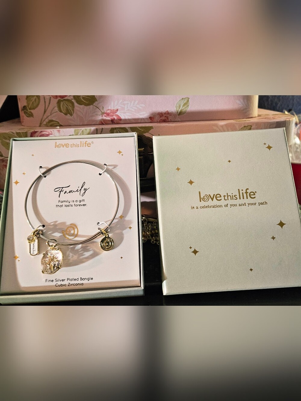 NIB Love and Life "Family" Fine Silver Plated Bangle Bracelet Tree of Life CZ
